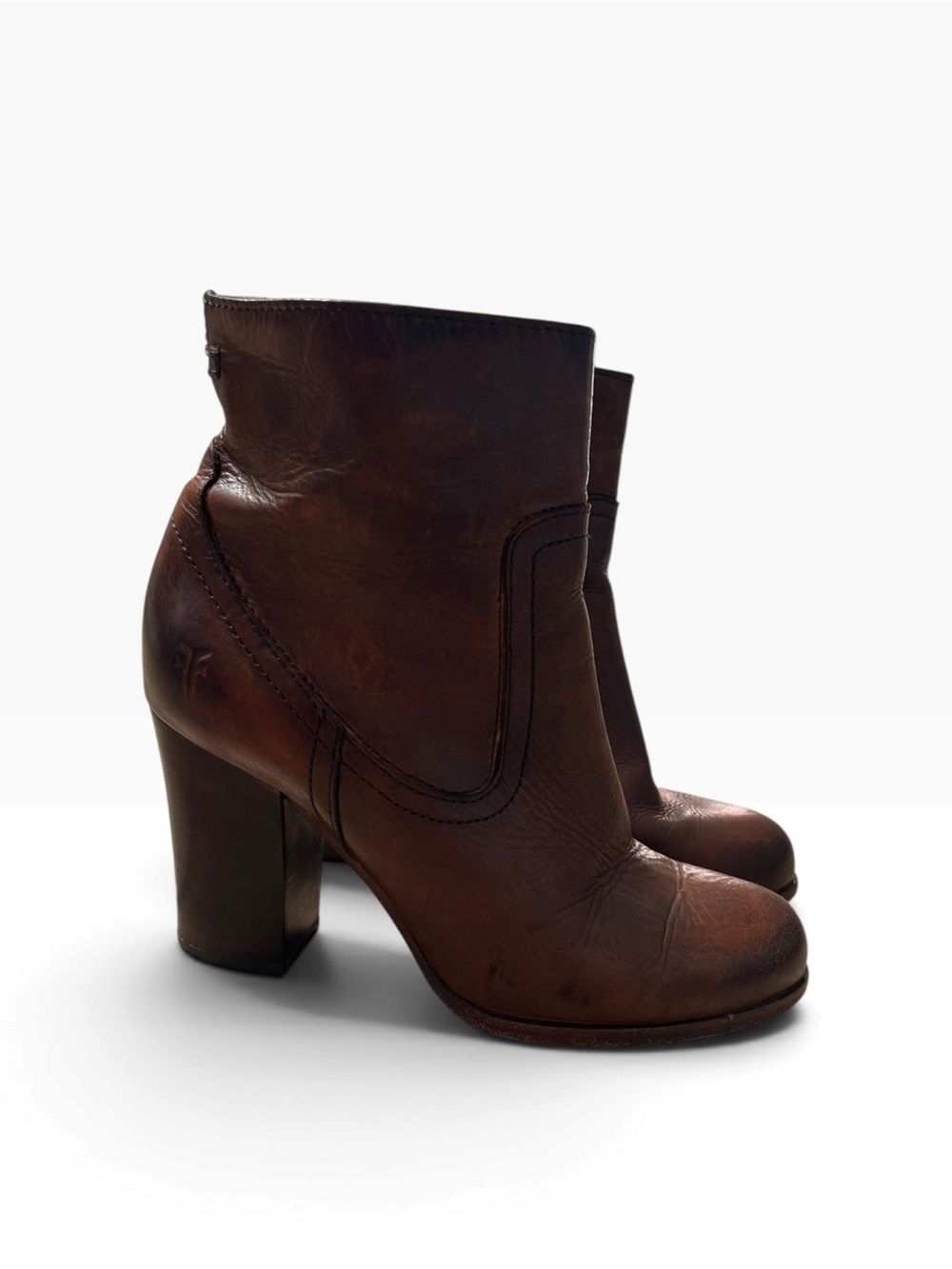 Frye Brown Leather Block Heel Ankle Boots - Picture 2 of 10